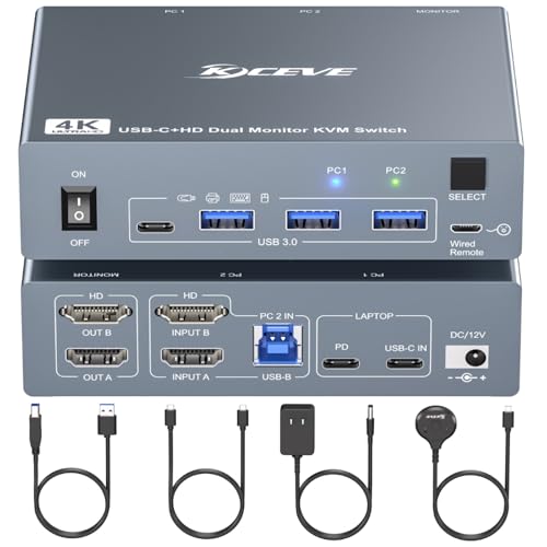 Image of USB C KVM Switch 2 Monitors 1 Laptop 1 Desktop 4K@60Hz, HDMI Dual Monitor KVM Switch 2 Computers Share 2 Monitors and 4 USB3.0 Ports, 80W PD Charging, Wired Remote,USB-C Cable and 12V Adapter Included