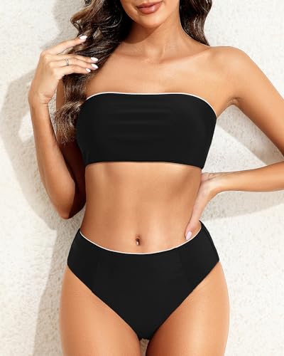 Holipick Black Women's Bandeau Bikini Set Strapless Two Piece Swimsuit High Waisted Cheeky Bathing Suit M - Image 4