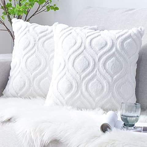 Pack of 2 Soft Faux Cotton Fur Plush Wool Cushion Covers, Boho Throw Pillow Covers Only, Comfortable Decorative Square Rectangular Cushion Covers for Couch Sofa Bedroom Pure White 16"X16"(40cmx40cm) Cover