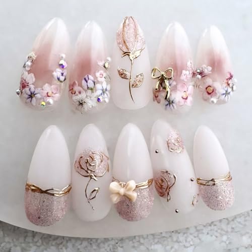 24Pcs Flower Press on Nails Medium Almond Fake Nails with Bow Rhinestones Designs Pink Acrylic Nails Glitter Glue on Nails Cute Floral False Nails Rose Flowers Stick on Nails for Women Nail Supplies