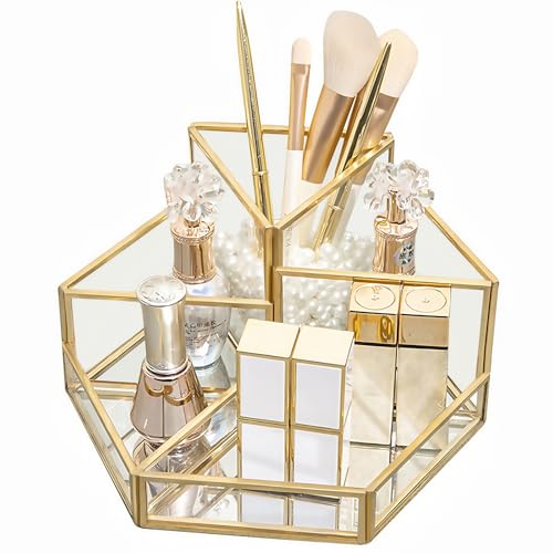 SLHEQING Organizer Trucchi, Porta trucchi in oro, Vetro Porta Pennelli Make Up, 5 Scomparti Porta Trucchi Organizer da Bagno
