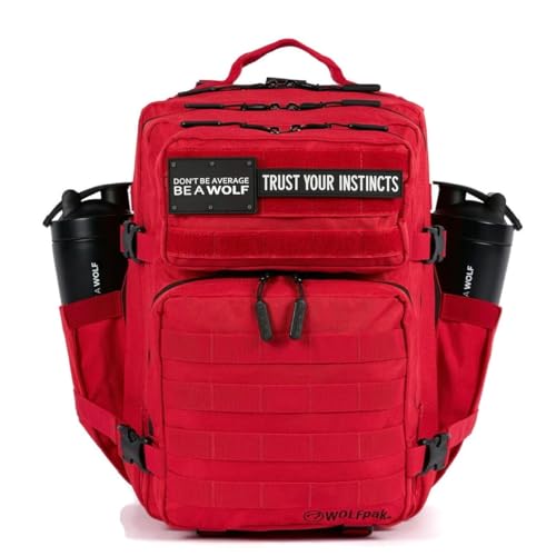 WOLFpak 35L Athletic Gym Backpack - Durable 1000D Waterproof Oxford Material with MOLLE Webbing, Laptop Pocket & Dual Cup Holders, Durable Fitness/Travel/Military Daypack (Elite Red)
