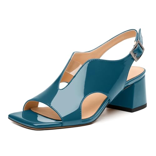 Womens Heeled Sandals, Square Peep Toe Mid Block Heel Slingback Sandals for Women, Leather Insole Chunky Heel Sandals with Buckle 2