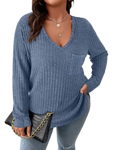 Image of Koscacy Women Plus Size Casual Knit Sweater with Pocket V Neck Solid Color Tops Lightweight Long Sleeve Blouses