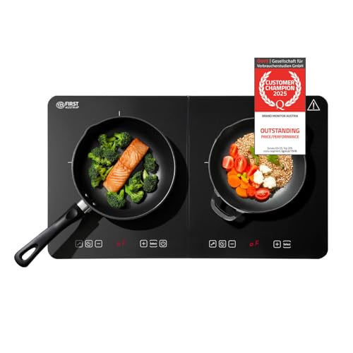 TZS First Austria – Placa de inducción doble 3500W - 2 fuegos vitrocerámicos - 10 niveles de potencia, bloqueo infantil, pantalla LED, control táctil, protección contra sobrecalentamiento - portátil