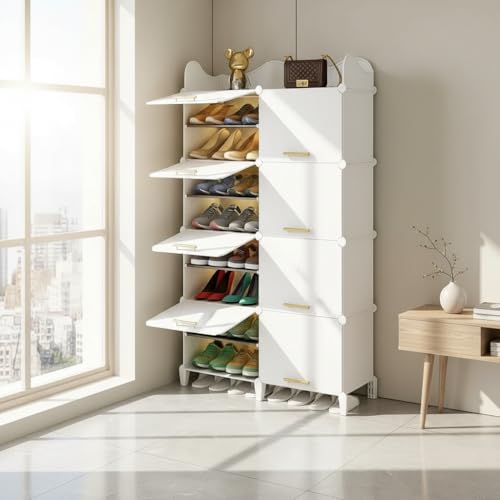Image of Sunderlook Shoe Rack Plastic for Home- Slipper Stand, Professional Shoe Stand, Chappal Stand, Multipurpose Foldable Standing Comfort Runner Shoe Rack with Door (Cream White, 16 Shelf 8 Door)
