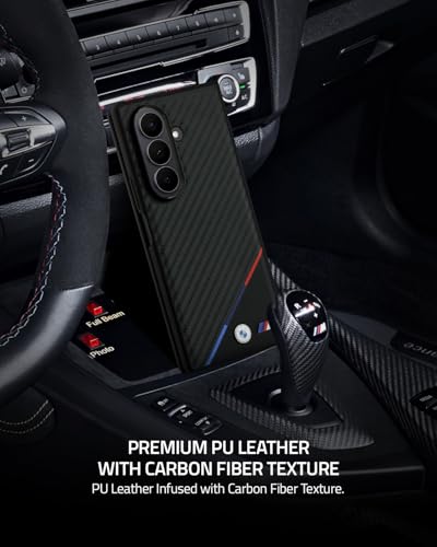 Image of CG MOBILE BMW [Official Licensed] M Collection | Magnetic System, PU Leather & Carbon Case | Tricolor Stripe & Metal Logo Protective Case /Cover Designed for Galaxy Z Fold 7 - Black
