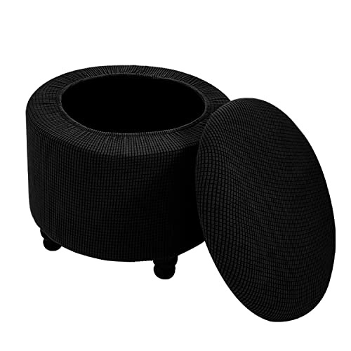 SANOCAY Round Ottoman Cover with Storage 2-Piece Stretch Stool Slipcover Soft Footstool Protector Covers Removable Washable Storage Stool with Cover Lid Folding Stool Covers for Home Decor (Black)