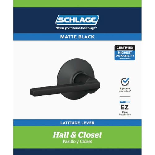 Image of SCHLAGE Latitude Hall /Closet Passage Door Handle, Reversible, Matte Black | Hall or closet lever door handle with no lock, Easy to install, Certified durability, Universal fit