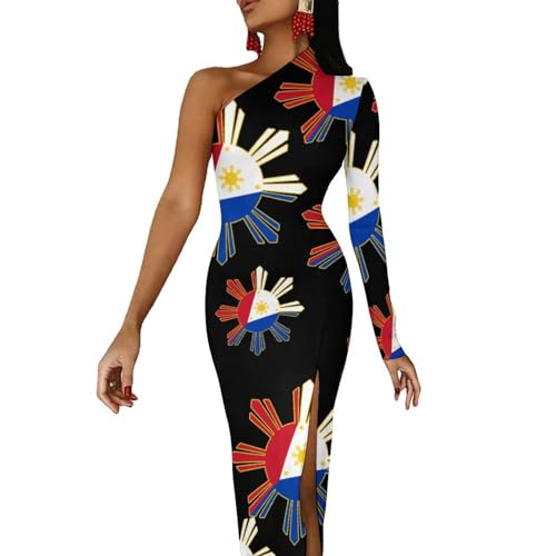 KBCHLINSUP Filipino Flag Women's Maxi Dress One Shoulder Long Sleeve Slit Bodycon Dresses Wedding Party