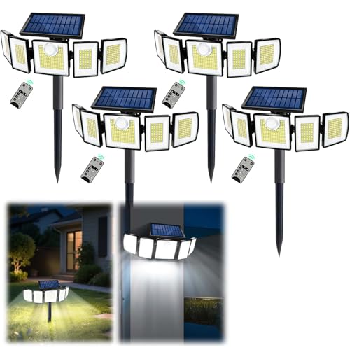 Image of MDCMDCM Solar Lights Outdoor Waterproof Motion Sensor - 3000 Lumens 5-Head Adjustable Solar Flood Light, IP65 Waterproof Solar Security Light for Yard, Garage, Driveway, Garden(with Stakes, 4)