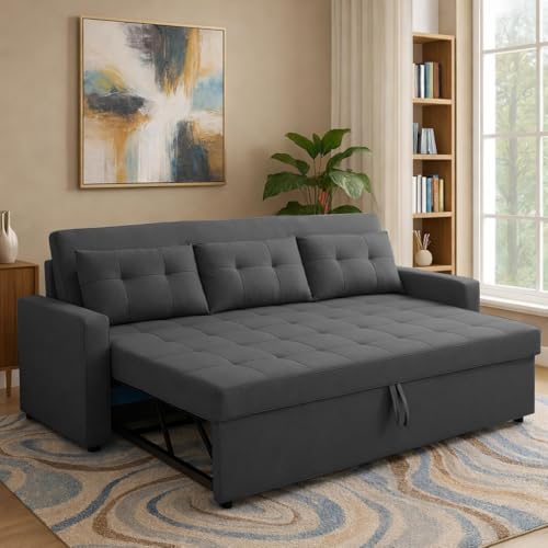 Image of Casaliving Treshta 3 Seater Pull-Out Premium Fabric Sofa Cum Bed Sofa Set for Living Room (Black Fabric Color) Premium Fabric Sofa Set for Living Room Sofa Cum Bed
