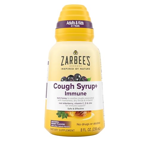 Zarbee's Naturals Complete Daytime Cough Syrup + Immune with Dark Honey, Real Elderberry, Vitamin C, D & Zinc, 8 oz Bottle