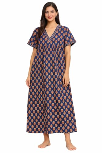 Image of Evolove Cotton Nighty Maxi for Women with Side Pocket | Floral Print Round Neck Short Sleeves Full Length Night Wear Gown