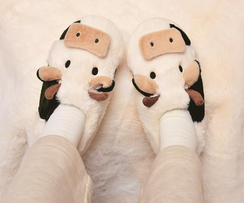 Fuzzy Cow Slippers for Women Men Adults, Fluffy Plush and Cozy Cotton House Slippers for Indoor Outdoor Bedroom, Warm Furry Cow Print Slipper for Winter Spring Fall2