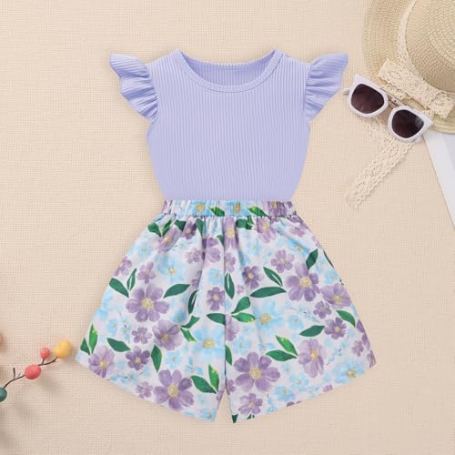 Toddler Baby Girl Summer Clothes Ruffled Sleeve Ribbed Knit T-Shirt Tops Cute Floral Shorts Set 2Pcs Outfits 2-8Y4