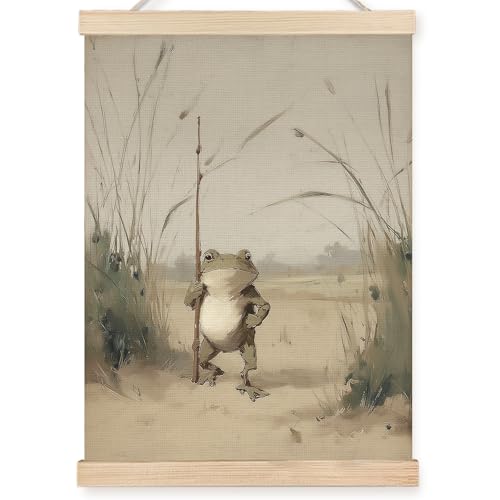 Image of PQKIY Whimsical Vintage Farmhouse Frog Traveler Wall Art Poster Hanger Frame 12x16 in, Moody Nature Weird Animal Wall Decor Canvas Prints for Home Bedroom Living Room