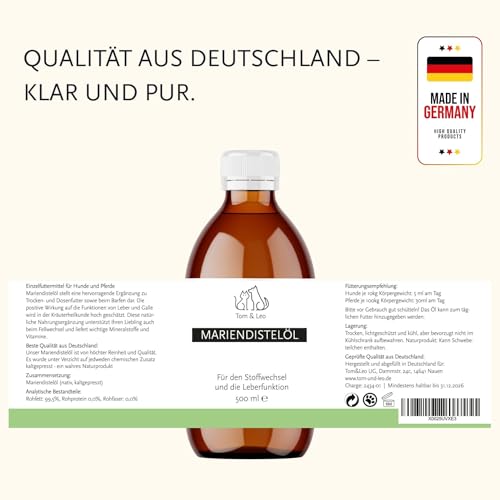 Tom&Leo Mariendistelöl Kaltgepresst 500ml - Für Hunde, Katzen & Pferde