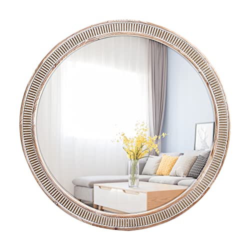 HOITUZYUS 24 Inch Rustic Farmhouse Round Wood Mirror for Wall Decor, Boho Circle Decorative Mirrors for Bathroom, Bedroom, Living Room, and Foyer, Entryway