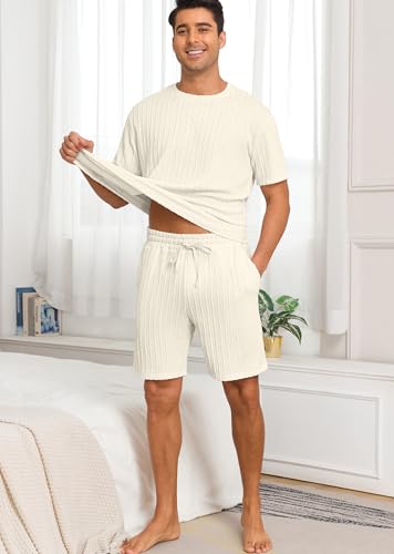 PrinStory Mens Pajamas Set Summer Pjs Sets Lightweight Short Sleeve Pajama Shorts Set Soft Sleepwear Loungewear with Pockets2