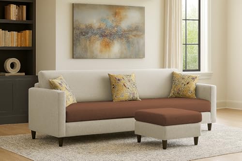 Image of Casaliving Premium Lifestyle Fabric 5 Seater L Shape Sofa Set 4 Seater Modern Sofa Set & Ottoman for Living Room (Cream Brown Color)