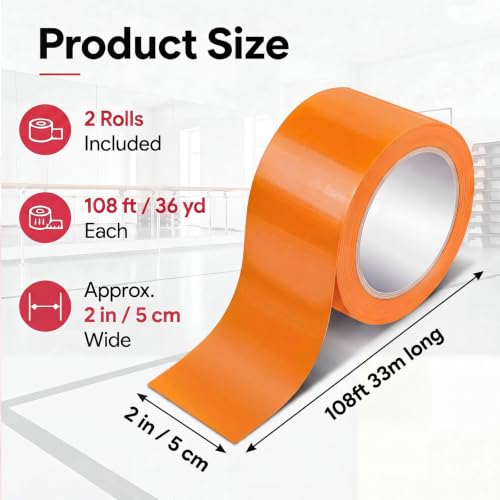 Image of Pangda 2 Rolls Dance Floor Vinyl Tape Durable Tape Splicing Strong Adhesion No Residue for Gym Dance Room Restaurants Kitchen Floor Safety Marking(Orange,36 yd X 2 in)
