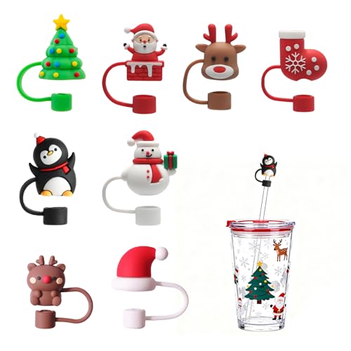 8 Stück Strohhalm Abdeckung Weihnachten für Stanley Cup, Weihnachten Silikonhülle Zubehörset Strohdeckel, 10mm Staubdich...