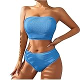 Swimsuit for Women Ruched Bandeau Strapless Padded Top and High Waisted Bottoms Fashion 2 Piece Swimwear for Beach