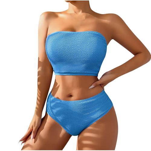 Swimsuit for Women Ruched Bandeau Strapless Padded Top and High Waisted Bottoms Fashion 2 Piece Swimwear for Beach