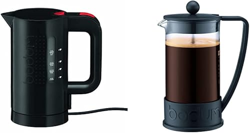 Bodum Bistro - Hervidor eléctrico de agua, 17 onzas, negro y cafetera de prensa francesa brasileña 10948-01BUS, 12 onzas, color negro