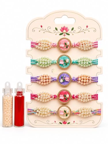 Image of Premium Designer Pastel Resin Pearl Floral Rakhi For Brother | Elegant Flower Rakhi Set Of 1 /2 /3 /4 /5 /6 Raksha Bandhan Gift Bhai Combo For Bhaiya Bhabhi & Sister Bracelet Brother Bhai Sister In Law Kids | Traditional & Festive Wrist Band
