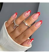Christmas Press on Nails Medium Almond Winter Fake Nails Full Cover Red French Tip Fake Nails wit...