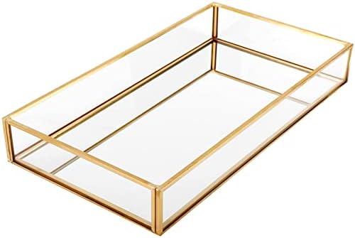 HighFree Gold Vintage Glass Decorative Mirror Tray Jewelry Tray Serving Tray Vanity Tray Cosmetics, Makeup, Trinket Organizer for Dresser, Bathroom and Bedroom (11.8x7.9x2)