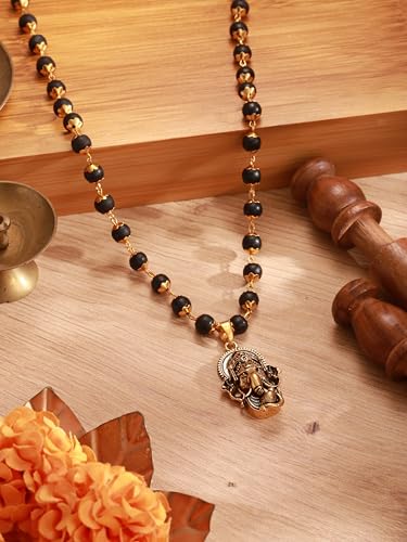Image of Gold Plated Karungali Necklace with Lord Ganesha Pendant | Authentic Karungali Beads | Spiritual Protection & Positivity | Handmade Mala for Men & Women | Certificate of Authenticity