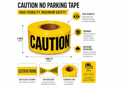 Image of ATERET Caution No Parking Tape 2 Pack 3 inch x 1000 feet, Hazard Safety Tape, Construction Tape for Danger /Hazardous Area, Ideal Use for Halloween Decorations, Party, Work-Site