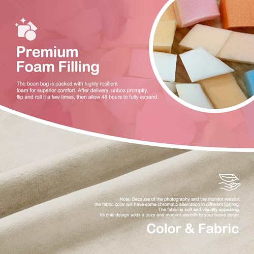 Image of 5FT Bean Bag Chair 5'Giant Bean Bag Chairs with Adults, Large Beanbag Chair | Bean bag Lounger with Machine Washable Cover Dutch Velvet Fabric, Comfy Chairs for Living Room Bedroom Dorm, Beige