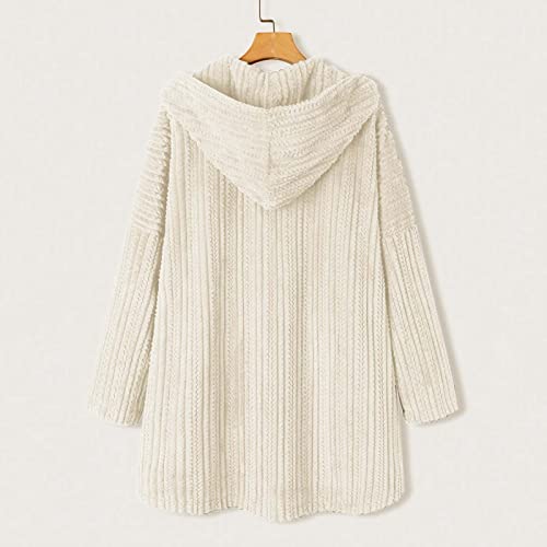 Warm Fleece Jacket For Women Casual Open Front Button Fuzzy Hoodie Long Sleeve Plus Size Coat Cable Knit Chunky Sweater White #TOP3