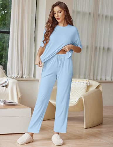 Image of Ekouaer Lounge Sets for Women Short Sleeve Tops and Long Pants Soft Comfy Pajamas Set 2 Piece Outfits
