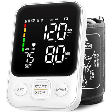 Blood Pressure Monitor Automatic Upper Arm Machine Accurate Adjustable Digital BP Cuff Kit Led Backlit Display 2 Users 240 Sets Memory Includes Storage Bag White Cover