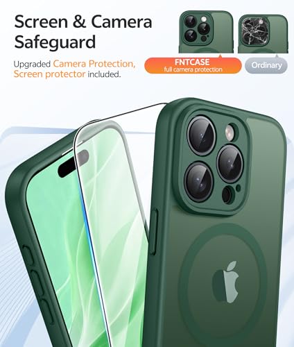 Image of FNTCASE for iPhone 15 Pro Case: [Compatible with Magsafe] Translucent Matte Cases with [Full Camera Protection] [Screen Protector] Military Grade Shockproof Protective Phone Cover - Green