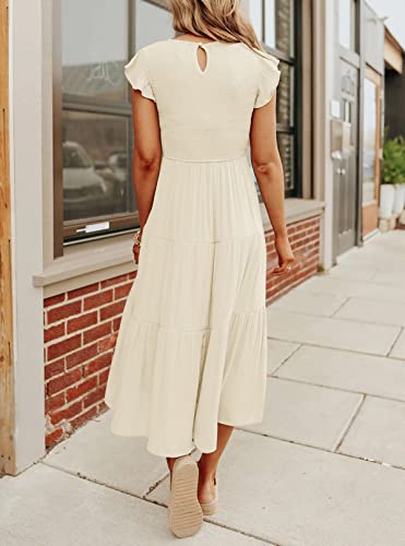 Zcsia Women's 2023 Summer Casual Ruffle Short Sleeve Crewneck Smocked Tiered A Line Midi Dress,Beige,Large #TOP3