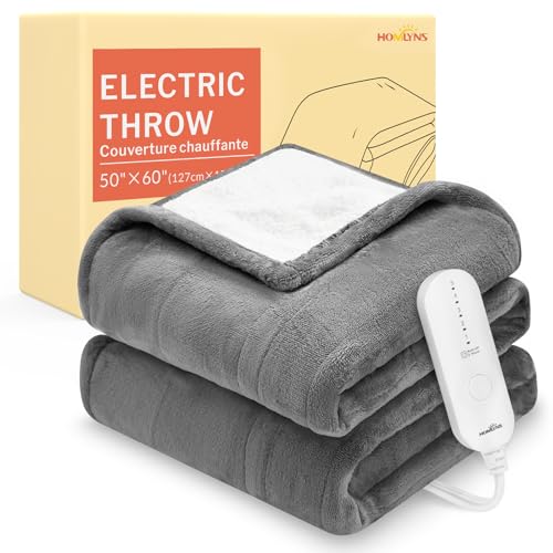 HOMLYNS LuxeHeat Heated Blanket Electric Blanket, Soft Flannel Sherpa Heated Throw, Heating Blanket with 5 Heat Settings, 3 hrs Timer Auto Shut Off (50x60 inches, Grey), Only for 120V Voltag