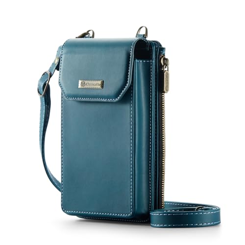 Small Crossbody Phone Purse with Shoulder Strap + Wristlet, RFID Blocking Cell Phone Holder Wallet Handbag, Built-in 10 Card Slots + Zip Pocket, Teal Green