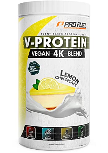 Vegan Protein Pulver ZITRONE KÄSEKUCHEN - V-PROTEIN 4K Blend, 750g | Unglaublich lecker & cremig | Aus Sonnenblumen, Soja, Hanfsamen & Kürbiskernen | Pflanzliches Eiweißpulver mit 80% Eiweiß