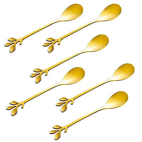Mini Espresso Spoons, Stainless Steel Tiny Gold Spoons with Golden Leaf Handle, Teaspoons Set of 6 Piece Small Spoons Bar Spoon Coke Spoon Coffee Spoons Ice Cream Spoon for Stirring