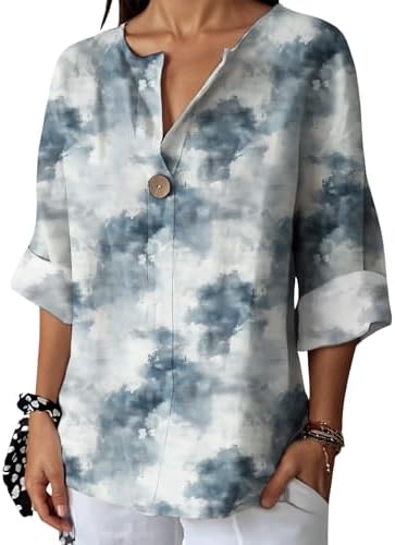 Womens Botanical Print V Neck Blouse Cotton Blend Floral Shirt with Button Detail Three Quarter Sleeve Loose Fit Casual Top for Spring and Fall Outfits Versatile Everyday Wear