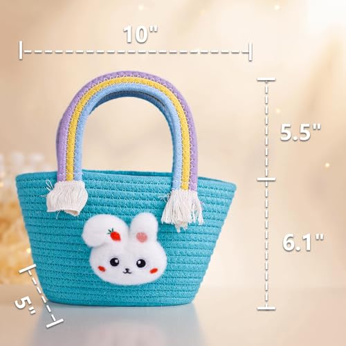 Image of Exun Bunny Baskets for Kids, Cute Cotton Tote Bag Hand-Woven Handbag with Rainbow Handles, Easter Egg Hunt Basket Bags for Boys, Girls, Toddler, Babies, Easter gift basket Personalized (Green)