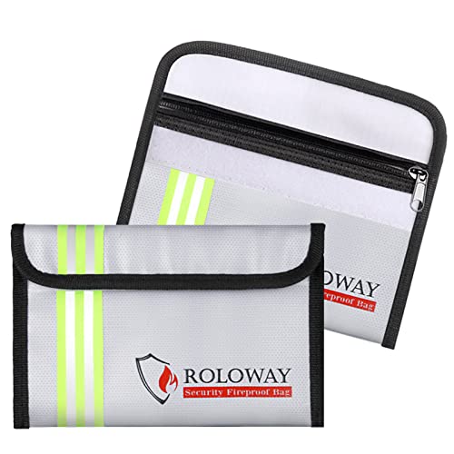 Image of ROLOWAY Small Fireproof Bag (5 x 8 inches) with Reflective Strip, Non-itchy Fireproof Money Bag for Cash, Valuables, Passport, Currency & Keys (2-Pack Silver)