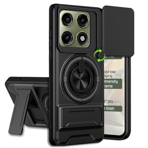 Image of Moto Edge 70 Pro / 70 pro Plus 5g Back Cover | Armor Camera Slider 360 Degree Rotating Finger Ring Holder Case with Bracket Stand Back Case Cover (Compatible with MagSafe Accessories) (Black)