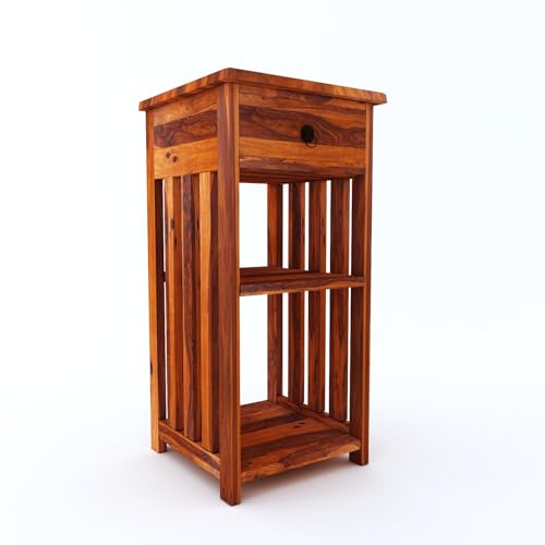Image of Sheesham Wood Bedside Table with One Drawer and 2 Shelf Storage for Bedroom Living Room Office Solid Wood Table Furniture Nightstand, End Table, Sofa Side Table (Honey Finish)